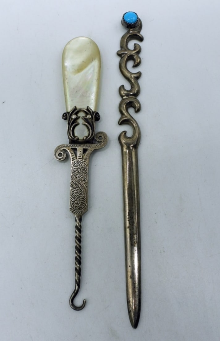 Glove Button Hook & Letter Opener - Sterling: Sterling Mother of Pearl handle, Glove button hook, 4.5" long and engraved with "FAY". Sterling letter opener with turquoise gemstone, 5" long. (15.6 dwt) (6x4x2)
