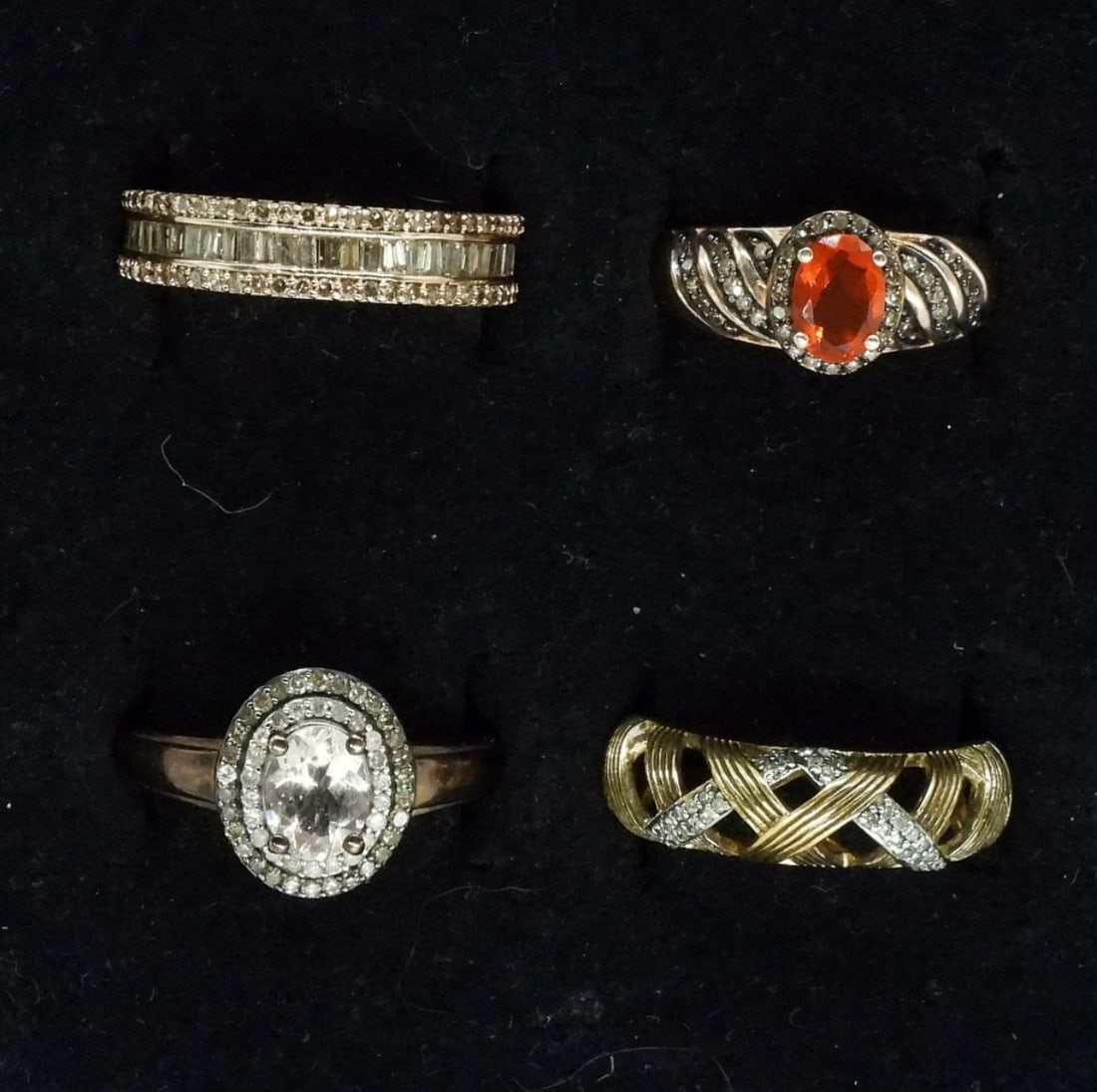 Diamonds, Morganite, Orange Fire Opal Rings: Four gorgeous sterling rings with gold tones. Diamonds have been tested and are genuine! One ring features a Morganite gemstone and another features a Orange Fire Opal gemstone. Ring sizes are 6, 8, 9