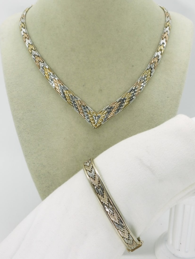 Tri Tone 925 Bracelet & Necklace: Tri tone sterling necklace, 14". Matching bracelet, hinged. (35.3 dwt) (6x4x2)