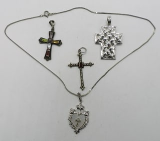 4 Sterling Cross Pendants & Chain