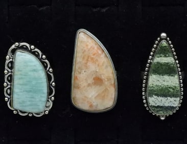 3 Large Natural Gemstone Sterling Rings