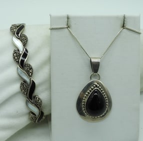 Black Onyx, Marcasite Necklace & Bracelet