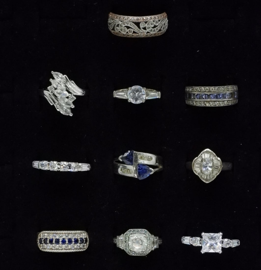 10 Beautiful 925 Bridal Style Rings: Ten beautiful sterling, bridal style rings. Sizes 6-11. (25.9 dwt) (6x4x2)