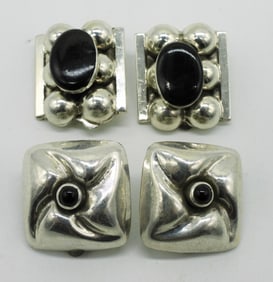 2 Pair Clip On Black Onyx Sterling Earrings