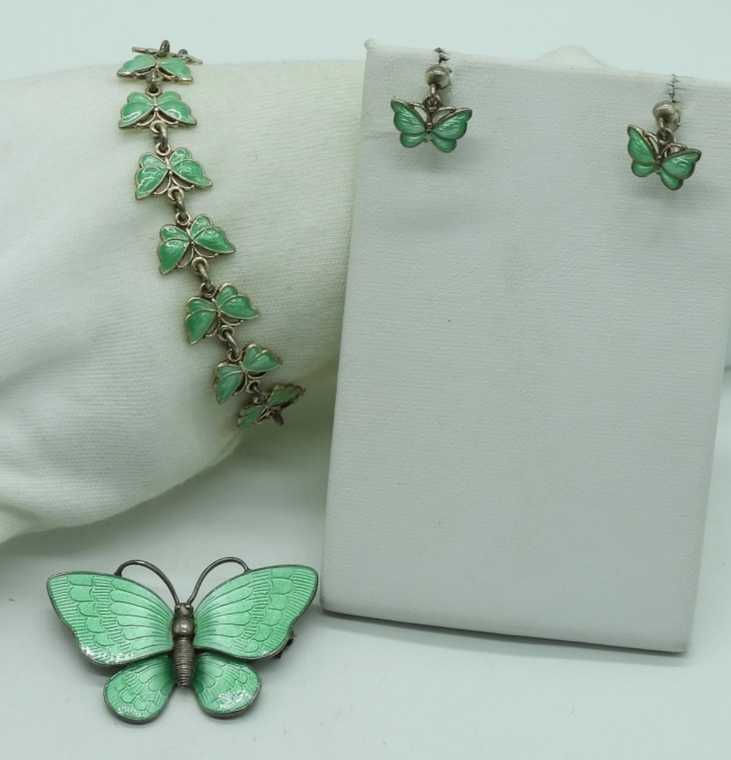 Denmark Vintage Green Enamel Butterfly Set (1 of 2)