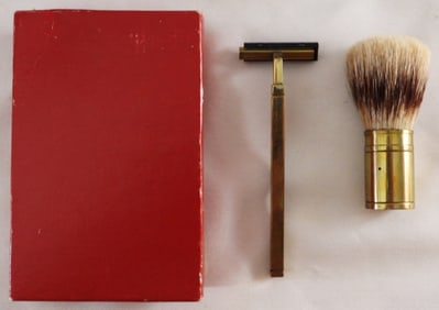 Gold-Tone Razor & Foam Brush In Box