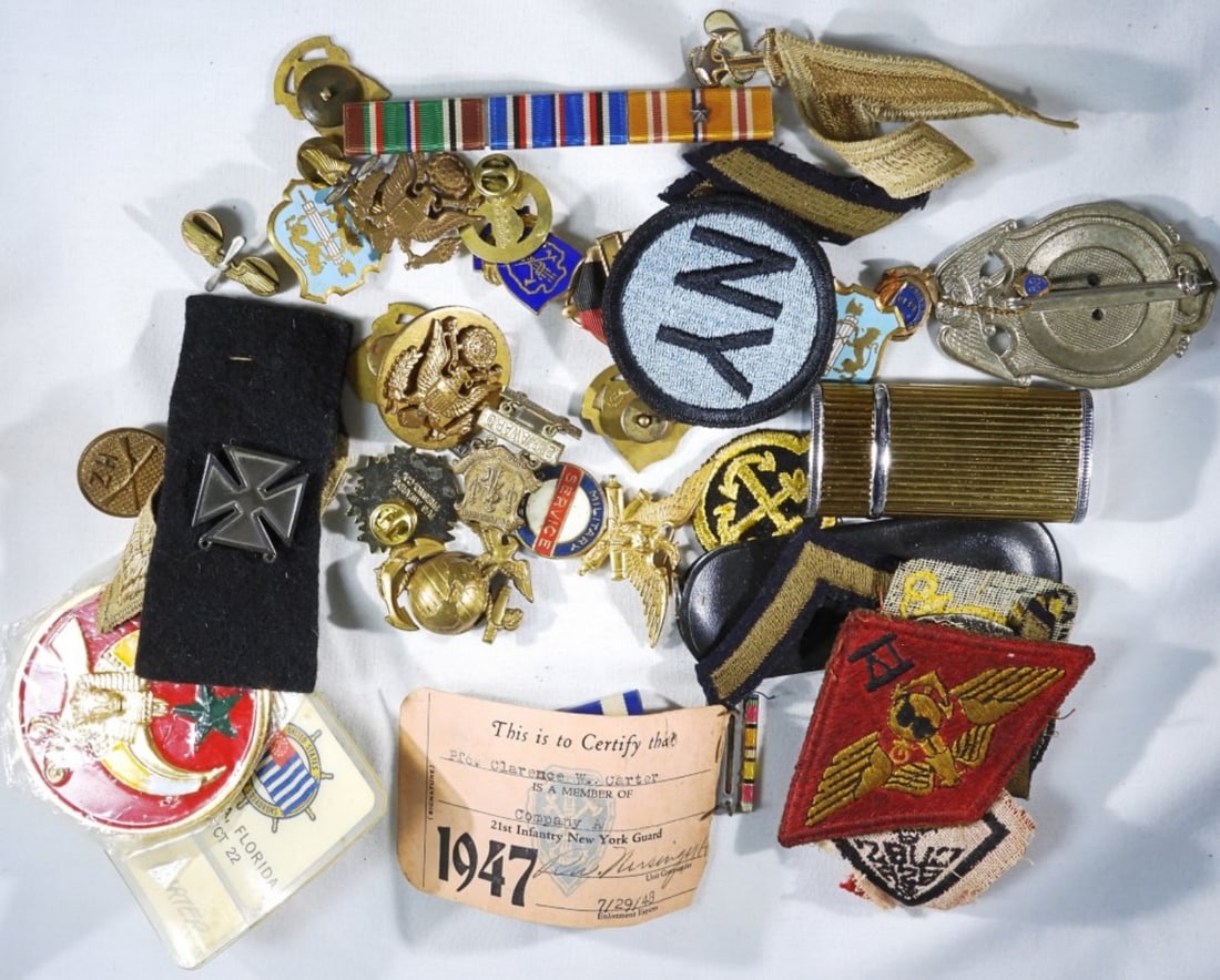 Various Antique Items: Badges, pins, patches & more
