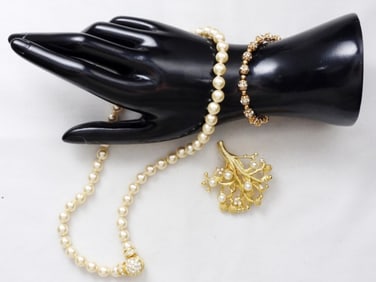 Brooch, Bracelet, Necklace, Faux Pearl Set