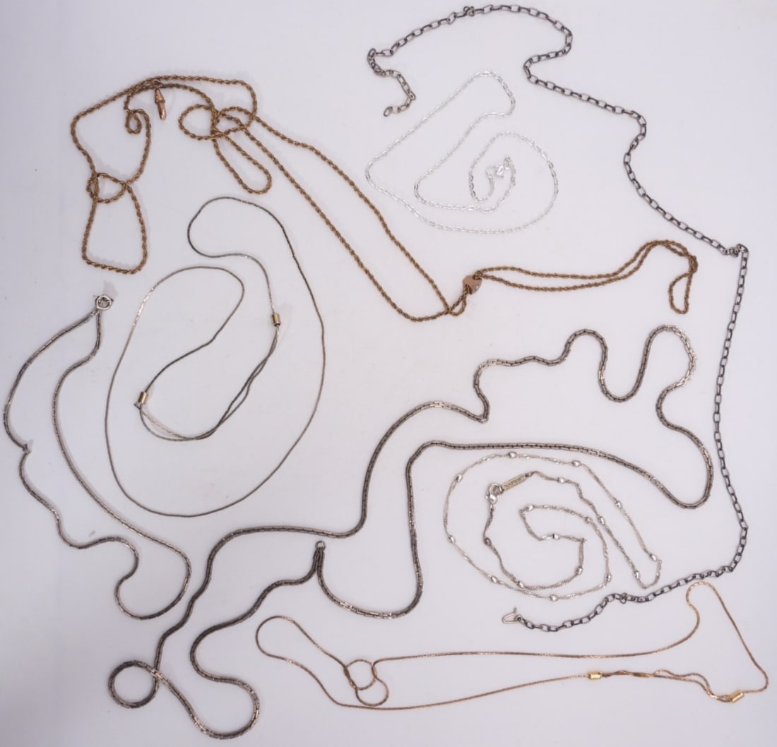 (8) Different Chain Necklaces: Mostly silver toned except one or two necklaces are gold toned