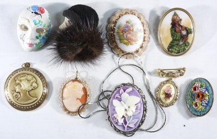 (9) Faces & Flowers Brooches & (1) Chain