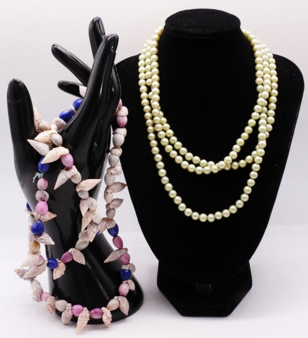 (2) Beaded Fun Necklaces: Green beaded necklace & Pinky/purple shell necklace