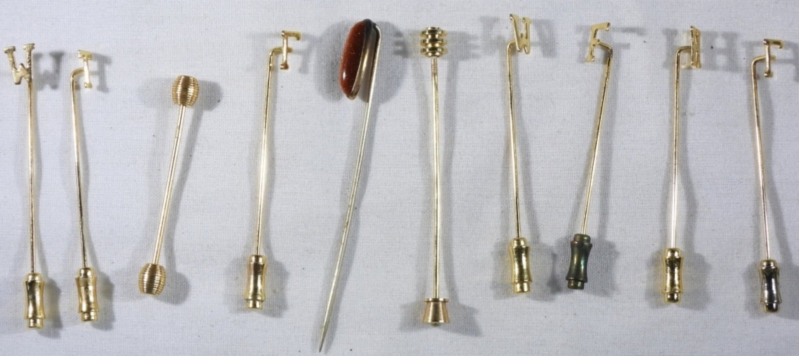 (10) Gold-Tone Scarf Pins: Various scarf pins