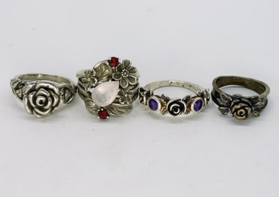 4 Sterling Rose Rings with Gemstones