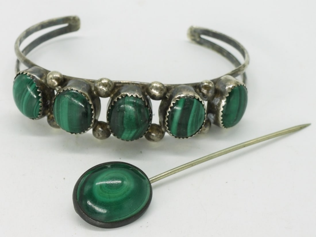 Malachite Sterling Cuff & Stick Pin (1 of 2)