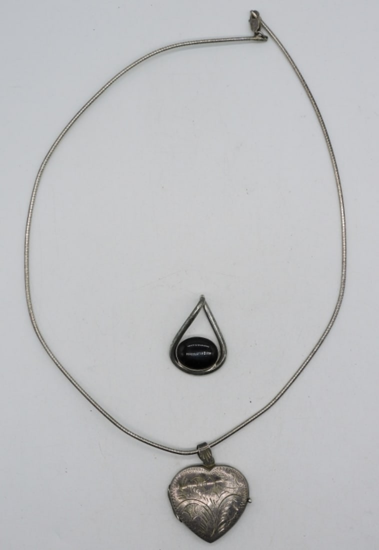 Vintage 925 Locket Necklace & More: One sterling heart locket necklace, 18" and black onyx pendant. (17 dwt)