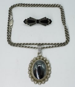 Large Hematite 925 Pendant & Art Deco Pin