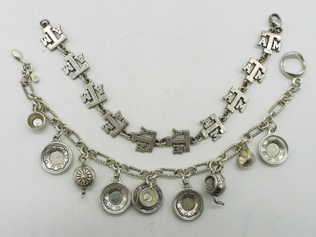 Texas A&M 925 Bracelet & More: Texas A&M sterling bracelet, Tea set sterling bracelet, 7.5". (29.5 dwt)