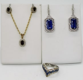 Simulated Sapphire Earrings, Ring, Necklace
