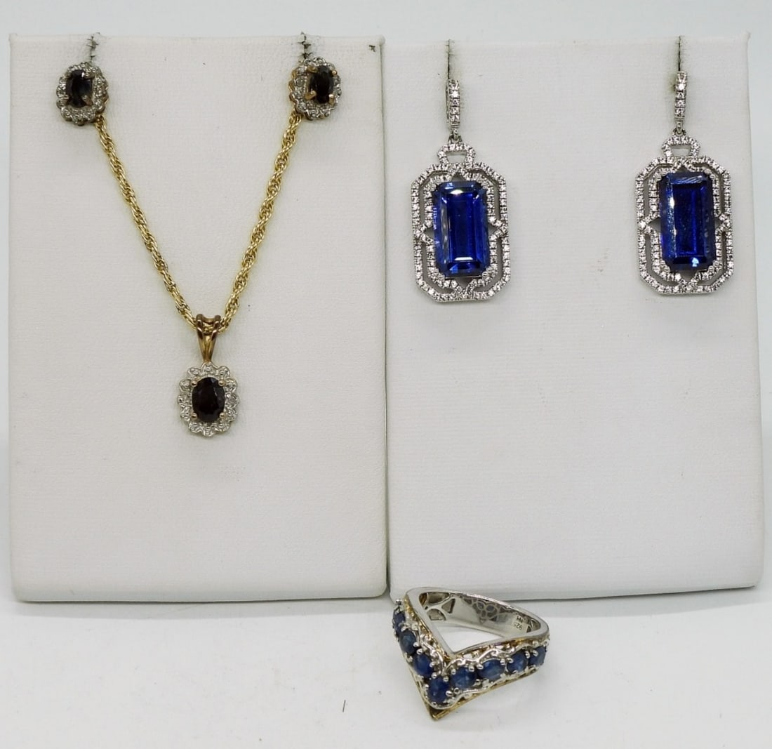 Simulated Sapphire Earrings, Ring, Necklace: Sterling simulated sapphire, gold tone necklace & earring set. Necklace is 30" long. Gorgeous sterling silver earrings, 1.5" long. Ring size 8. (19 dwt) (6x4x2)