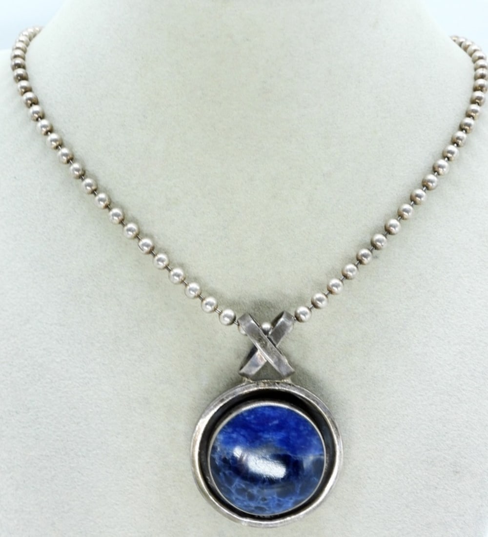 Taxco Mexico Sterling Sodalite Necklace: Sterling Taxco Mexico, sodalite gemstone pendant (2" long) on a sterling ball chain 18" long. (TC-315 925) - (21 dwt) (6x4x2)