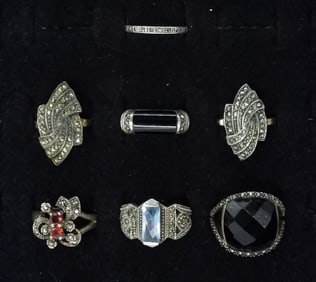 7 Sterling Rings with Marcasite & Other Gems