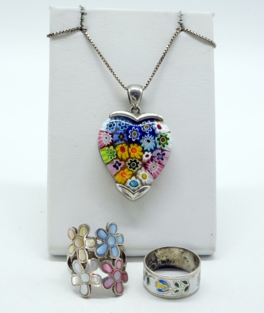 Sterling Glass Necklace & Enamel Rings: Two sterling rings with enamel flowers, sizes 6 & 7. Sterling & glass heart pendant, 1.5" on a 18" sterling chain. (13.7 dwt) (6x4x2)