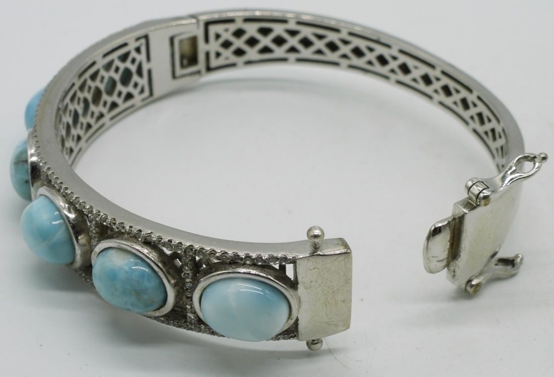 Larimar Sterling Hinged Bangle Bracelet - 3