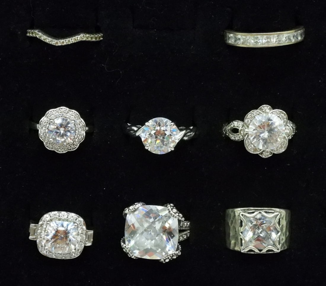 8 Sterling Bridal Style Engagement Rings: Eight sterling bridal style engagement rings. Sizes 6-9 (27.9 dwt)