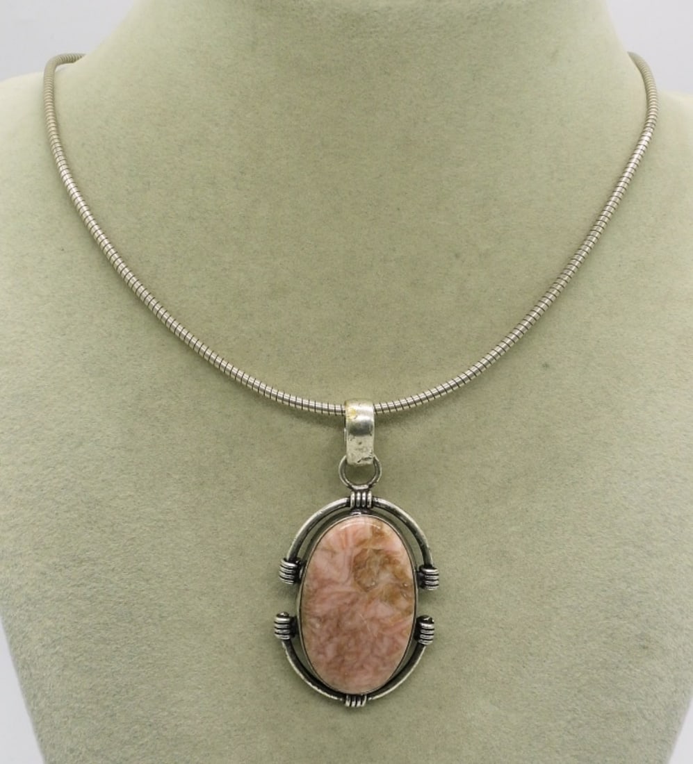 Rhodonite Gemstone 925 Necklace: Rhodonite gemstone sterling pendant, 2". Sterling chain is 20" long. (18.1 dwt)