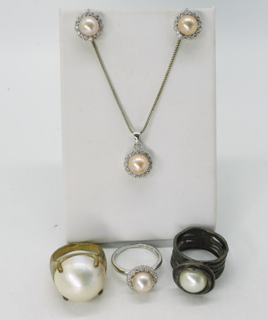 Sterling Pearl Rings & Set: Sterling pearl set of pierced earrings, necklace & ring. 18" chain, ring size 6. Other two pearl rings are size 7. (15 dwt)