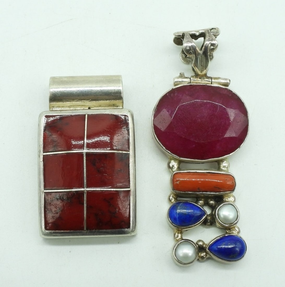 Red Jasper & Ruby Sterling Pendants: Two sterling pendants, 1.5" & 2 1/4" long. Red Jasper "JRI Mexico 925" pendant. Ruby, Pearl & other Gemstones. (20 dwt) (6x4x2)