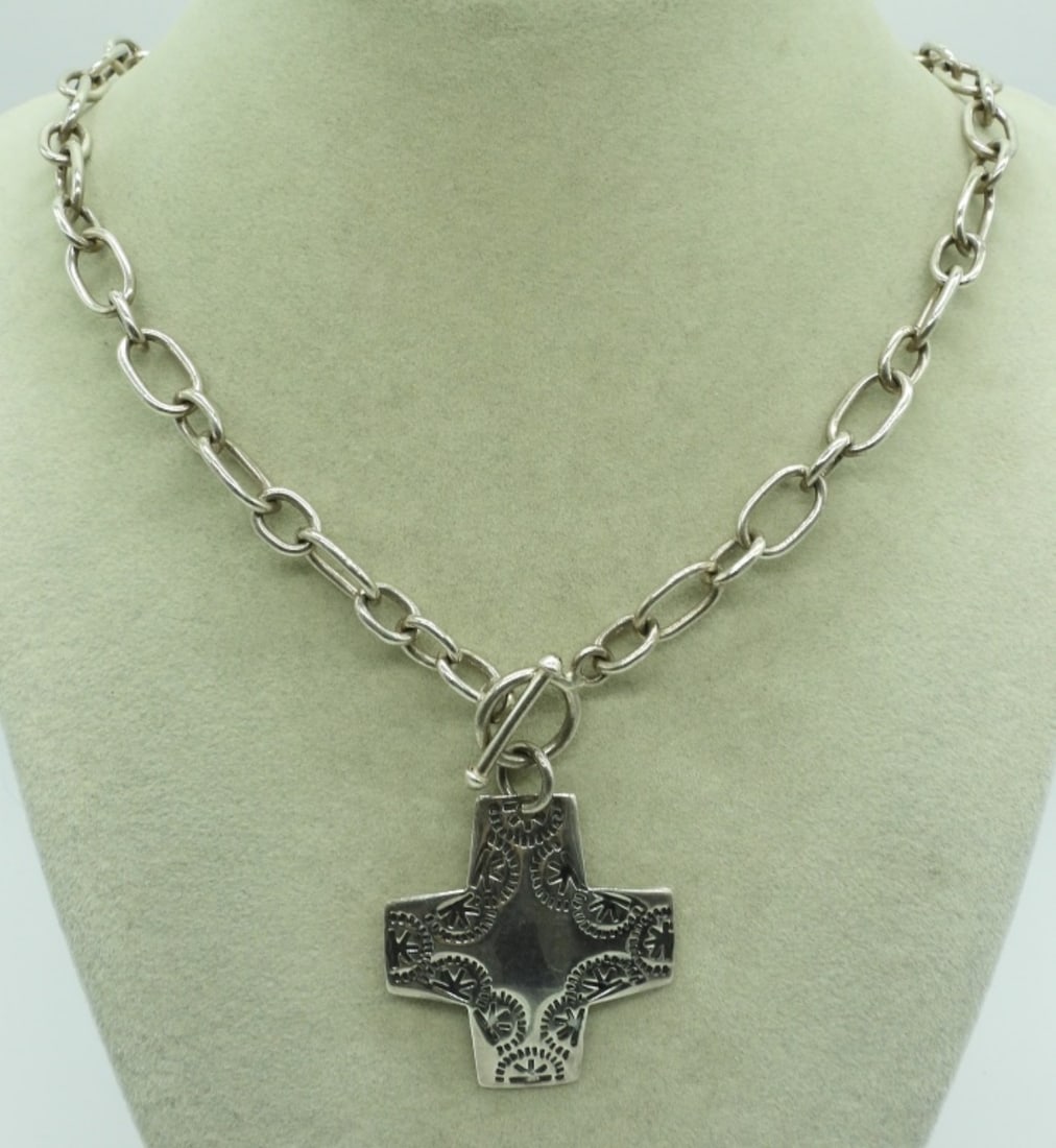 Sterling Cross Toggle Clasp Necklace: Sterling cross, toggle clasp necklace 17" long. (24.7 dwt) (6x4x2)