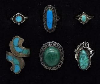 6 Vintage Sterling Turquoise Rings