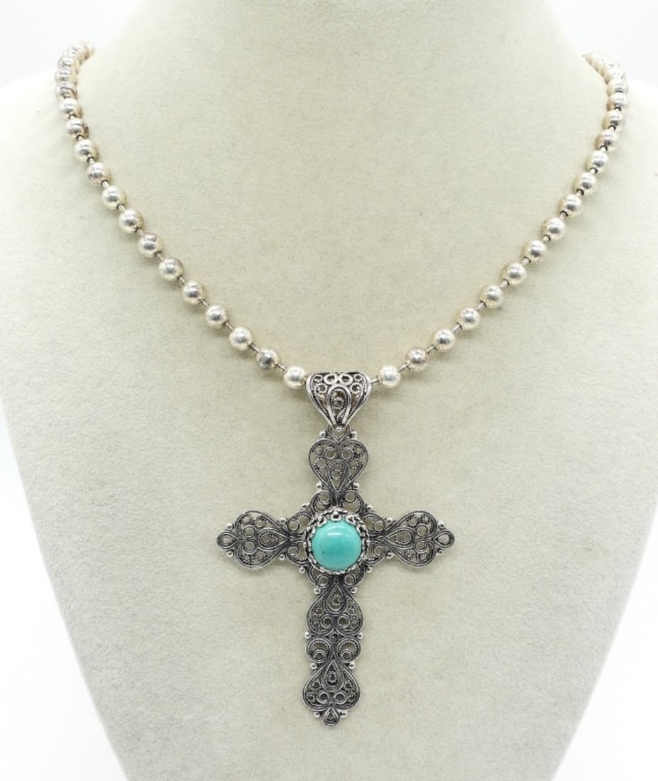 Sterling Cross Pendant & Milor Chain: Sterling cross pendant marked "Turkey 925", 3". Milor sterling ball chain, 28". (33.6 dwt)