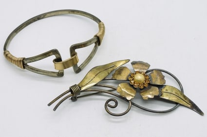 Sterling Gold Tone Brooch & Bracelet