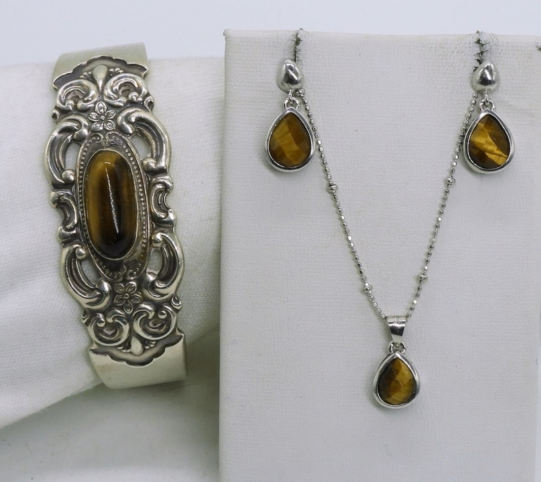 Tigers Eye 925 Cuff Bracelet, Necklace & More: Matching sterling necklace & earrings. 18" chain. Thick cuff style bracelet with Tigers Eye gemstone. (34 dwt)