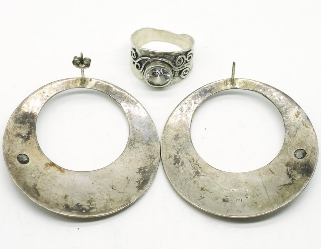 Large Sterling Earrings & Matching Ring - 2