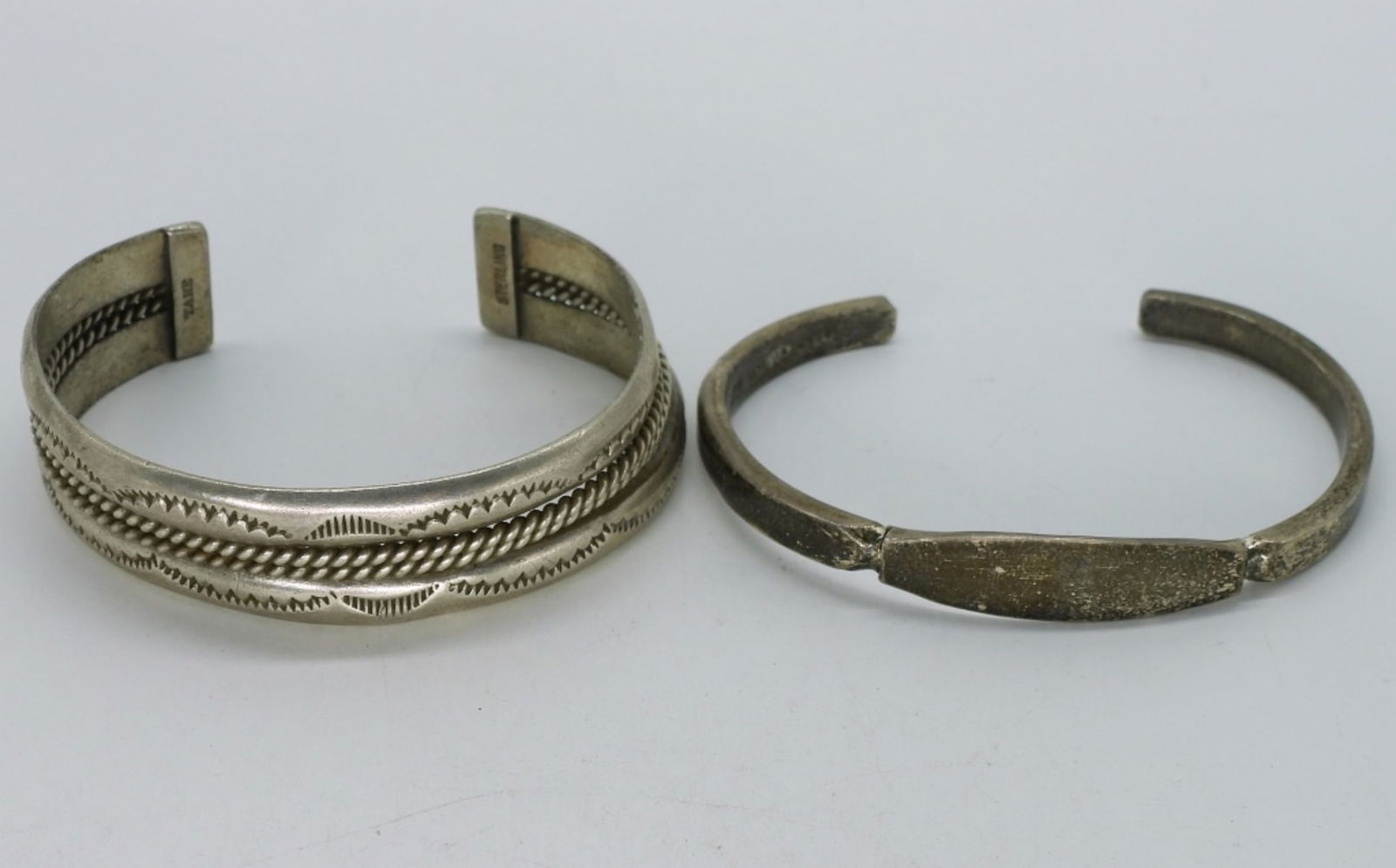 Taxco 925 ID Cuff Bracelet & Other: Taxco Mexico sterling ID cuff bracelet (Not engraved) and other sterling cuff bracelet. (29.7 dwt)