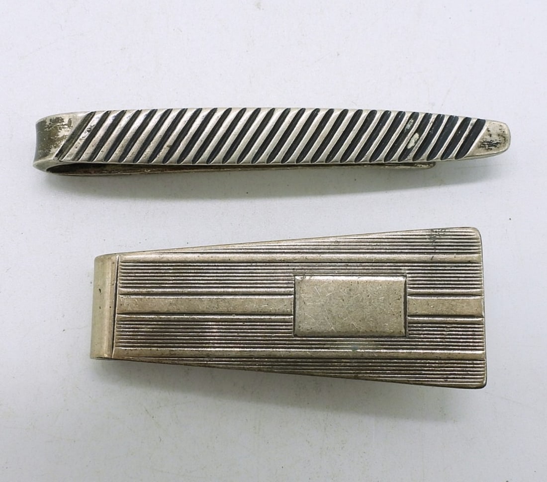 Vintage Sterling Money Clip & Tie Clip: Vintage sterling money clip, 2". Tie clip, 2.5". (19.5 dwt)