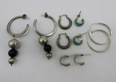 5 Pair Pierced Sterling Hoop Earrings
