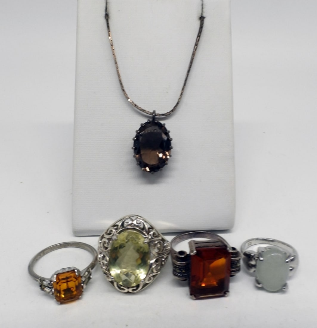 Lemon Quartz, Citrine, Jade & More 925 Rings: Four sterling rings with gemstones. Lemon Quartz, Jade and Citrine. Ring sizes 5-8.5. Vintage smokey quartz necklace, 24" long. (18 dwt) (6x4x2)