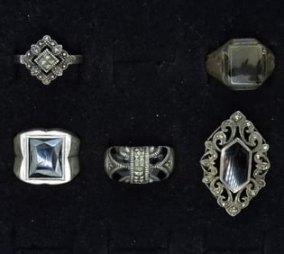 Five Sterling Marcasite Onyx Rings