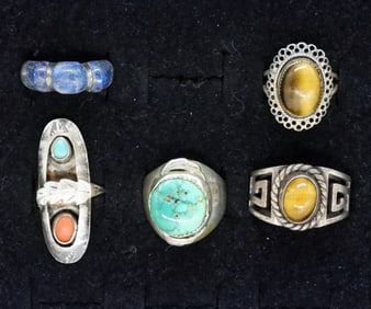 5 Vintage 925 Rings - Turquoise, Tigers Eye
