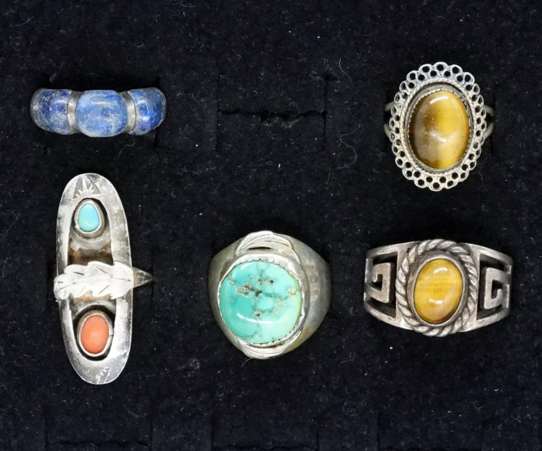 5 Vintage 925 Rings - Turquoise, Tigers Eye (1 of 2)