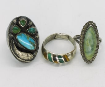 3 Vintage 925 Rings with Turquoise & More