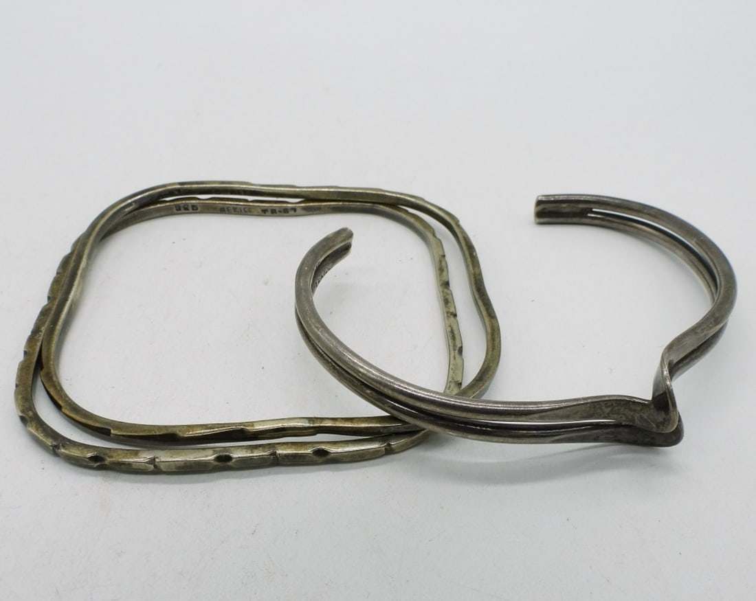 Square Taxco Bracelets & More 925: Two square Taxco Mexico bracelets and one cuff sterling bracelet (not Taxco). (24.1 dwt)