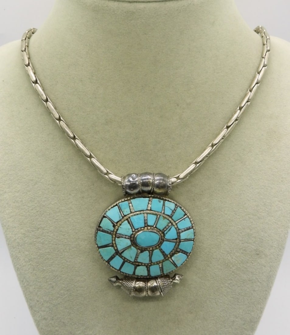Heavy Vintage Turquoise Sterling Necklace: Large sterling pendant with inlaid turquoise gemstones, 2.5" long. Sterling chain is 24" long. (44 dwt)