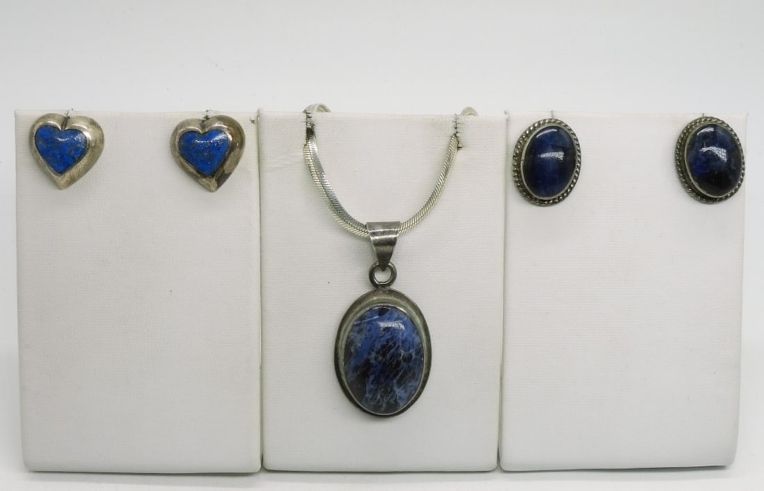 Sodalite 925 Pendant & Lapis Lazuli Earrings: Two pair of sterling pierced earrings, lapis lazuli gemstones. Oval earrings are Taxco. Taxco Sodalite gemstone pendant (2" long) on a sterling 18" chain. (23.7 dwt)
