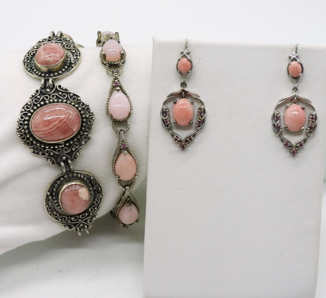 Rhodochrosite 925 Bracelet & More: Sterling Rhodochrosite toggle clasp bracelet, 7-9". Lighter pink bracelet with matching pierced earrings, 7" & 1". (36.2 dwt)