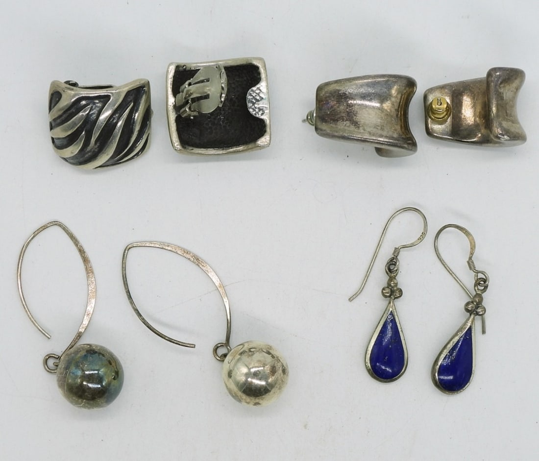 4 Pair Vintage 925 Pierced & Clip On Earrings: Four pair of pierced and clip on, vintage sterling earrings. 1" - 2". (24.5 dwt)